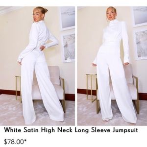 White Satin High Neck Long Sleeve Jumpsuit